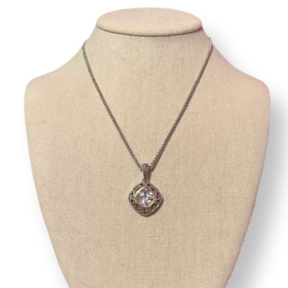 Yurman Style Clear Rhinestone Filigree Pendant Silver Necklace - Picture 2 of 4